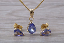 Load image into Gallery viewer, Pear Drop cut Tanzanite Earrings with Matching Necklace set in Yellow Gold