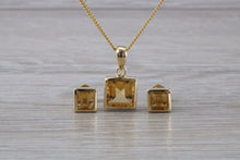 Load image into Gallery viewer, Square cut Citrine Earrings and Matching Necklace set in Yellow Gold