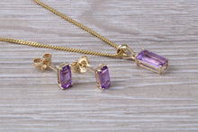 Load image into Gallery viewer, Baguette cut Amethyst Necklace and Matching Earrings set Yellow Gold