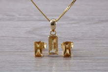 Load image into Gallery viewer, Baguette cut Citrine Earrings and Matching Necklace set Yellow Gold