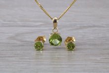 Load image into Gallery viewer, Round cut Peridot Earrings and Matching Necklace set in Yellow Gold