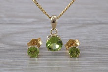 Load image into Gallery viewer, Round cut Peridot Earrings and Matching Necklace set in Yellow Gold