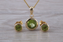 Load image into Gallery viewer, Round cut Peridot Earrings and Matching Necklace set in Yellow Gold