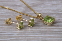 Load image into Gallery viewer, Square cut Peridot Earrings and Matching Necklace set in Yellow Gold