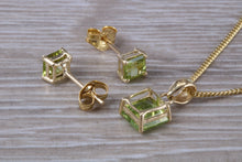 Load image into Gallery viewer, Square cut Peridot Earrings and Matching Necklace set in Yellow Gold