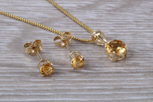 Load image into Gallery viewer, Round cut Citrine Earrings and Matching Necklace set in Yellow Gold