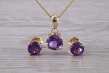 Load image into Gallery viewer, Round Amethyst Necklace with Matching Stud Earrings Set in Yellow Gold