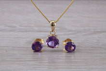 Load image into Gallery viewer, Round Amethyst Necklace with Matching Stud Earrings Set in Yellow Gold