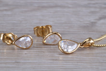 Load image into Gallery viewer, Tear Drop cut Yellow Gold C Z set Diamond Look Earrings and Matching Necklace