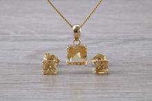 Load image into Gallery viewer, Square cut Citrine Earrings and Matching Necklace set in Yellow Gold