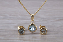 Load image into Gallery viewer, Round cut Aquamarine Matching Earrings and Necklace set in Yellow Gold