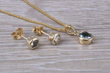 Load image into Gallery viewer, Round cut Aquamarine Matching Earrings and Necklace set in Yellow Gold