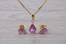 Load image into Gallery viewer, Tear Drop cut Pink Sapphire Earrings and Matching Necklace set in Yellow Gold