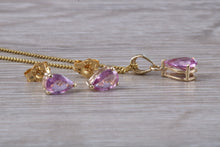 Load image into Gallery viewer, Tear Drop cut Pink Sapphire Earrings and Matching Necklace set in Yellow Gold