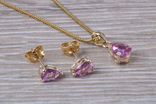 Load image into Gallery viewer, Tear Drop cut Pink Sapphire Earrings and Matching Necklace set in Yellow Gold