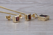 Load image into Gallery viewer, Square cut Garnet Earrings and Matching Necklace set in Yellow Gold
