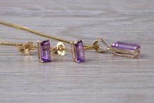 Load image into Gallery viewer, Baguette cut Amethyst Necklace and Matching Earrings set Yellow Gold
