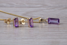 Load image into Gallery viewer, Baguette cut Amethyst Necklace and Matching Earrings set Yellow Gold