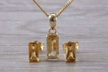 Load image into Gallery viewer, Baguette cut Citrine Earrings and Matching Necklace set Yellow Gold