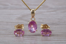 Load image into Gallery viewer, Oval Drop cut Pink Sapphire Matching Stud Earrings and Necklace set in Yellow Gold