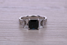 Load image into Gallery viewer, Emerald cut Blue and White Sapphire Trilogy set Platinum Ring