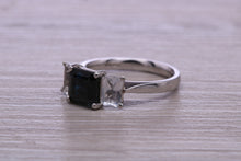 Load image into Gallery viewer, Emerald cut Blue and White Sapphire Trilogy set Platinum Ring