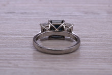 Load image into Gallery viewer, Emerald cut Blue and White Sapphire Trilogy set Platinum Ring
