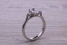 Load image into Gallery viewer, Emerald and Round cut Moissanite Diamonds set Trilogy Ring