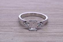 Load image into Gallery viewer, Emerald and Round cut Moissanite Diamonds set Trilogy Ring