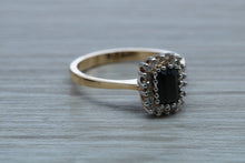 Load image into Gallery viewer, Emerald cut Royal Blue Sapphire and Diamond Ring