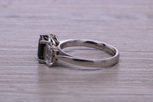 Load image into Gallery viewer, Emerald cut Blue and White Sapphire Trilogy set Platinum Ring