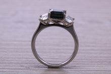 Load image into Gallery viewer, Emerald cut Blue and White Sapphire Trilogy set Platinum Ring