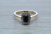 Load image into Gallery viewer, Emerald cut Royal Blue Sapphire and Diamond Ring