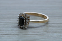 Load image into Gallery viewer, Emerald cut Royal Blue Sapphire and Diamond Ring
