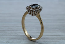 Load image into Gallery viewer, Emerald cut Royal Blue Sapphire and Diamond Ring