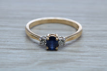 Load image into Gallery viewer, Petite Blue Sapphire and Diamond Trilogy Ring