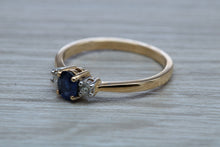 Load image into Gallery viewer, Petite Blue Sapphire and Diamond Trilogy Ring