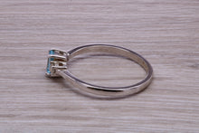 Load image into Gallery viewer, Petite Blue topaz and Diamond set White Gold Trilogy Ring