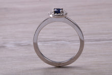 Load image into Gallery viewer, Dainty Blue Sapphire and Halo set Diamond Ring