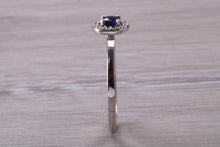 Load image into Gallery viewer, Dainty Blue Sapphire and Halo set Diamond Ring
