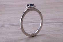 Load image into Gallery viewer, Dainty Blue Sapphire and Halo set Diamond Ring