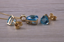 Load image into Gallery viewer, Trillion cut Swiss Blue Topaz Matching Earrings and Necklace set in Yellow Gold