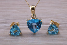 Load image into Gallery viewer, Trillion cut Swiss Blue Topaz Matching Earrings and Necklace set in Yellow Gold