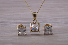 Load image into Gallery viewer, Square cut Yellow Gold C Z set Diamond Look Earrings and Matching Necklace
