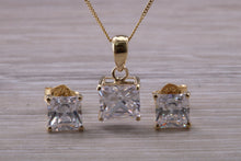 Load image into Gallery viewer, Square cut Yellow Gold C Z set Diamond Look Earrings and Matching Necklace