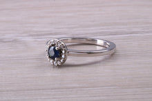 Load image into Gallery viewer, Dainty Blue Sapphire and Halo set Diamond Ring
