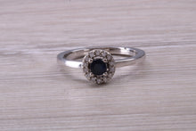 Load image into Gallery viewer, Dainty Blue Sapphire and Halo set Diamond Ring