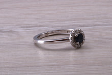 Load image into Gallery viewer, Dainty Blue Sapphire and Halo set Diamond Ring