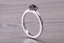 Load image into Gallery viewer, Dainty Blue Sapphire and Halo set Diamond Ring