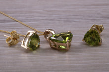 Load image into Gallery viewer, Trillion cut Peridot Earrings and Matching Necklace set Yellow Gold